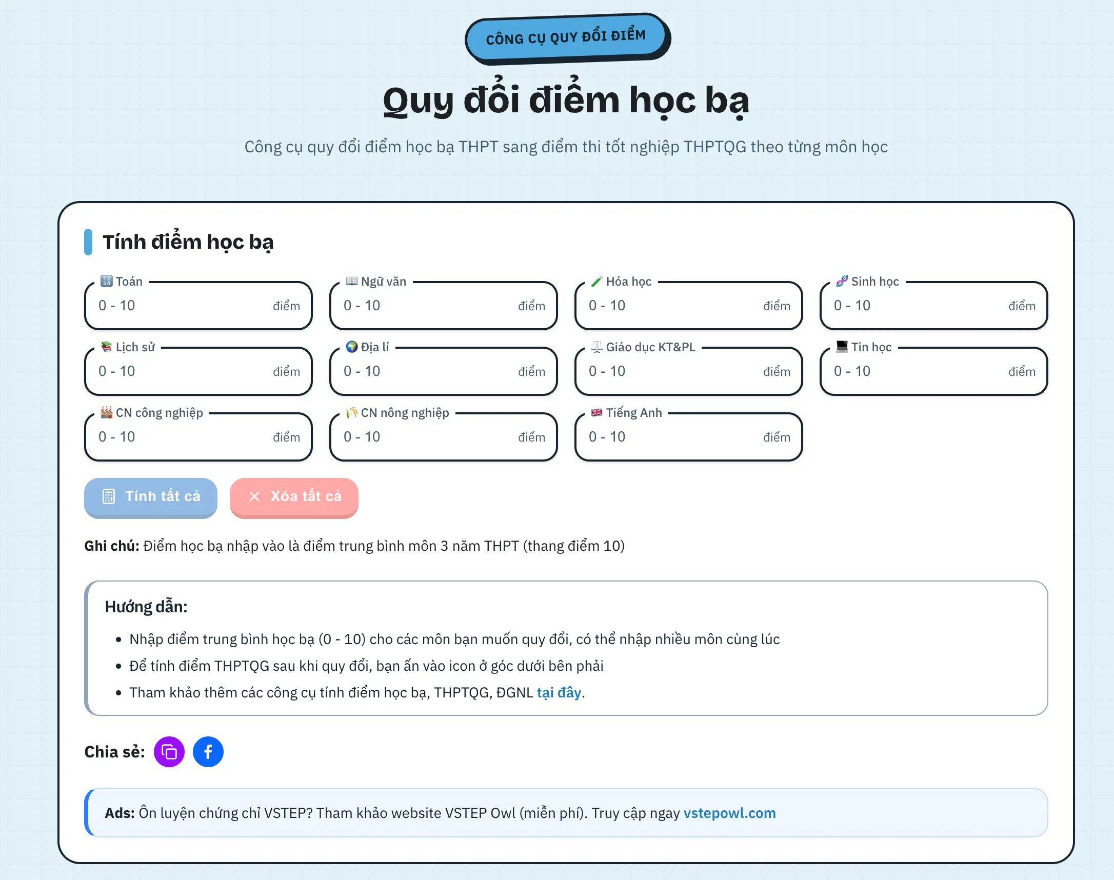 Hướng dẫn sử dụng công cụ tính điểm