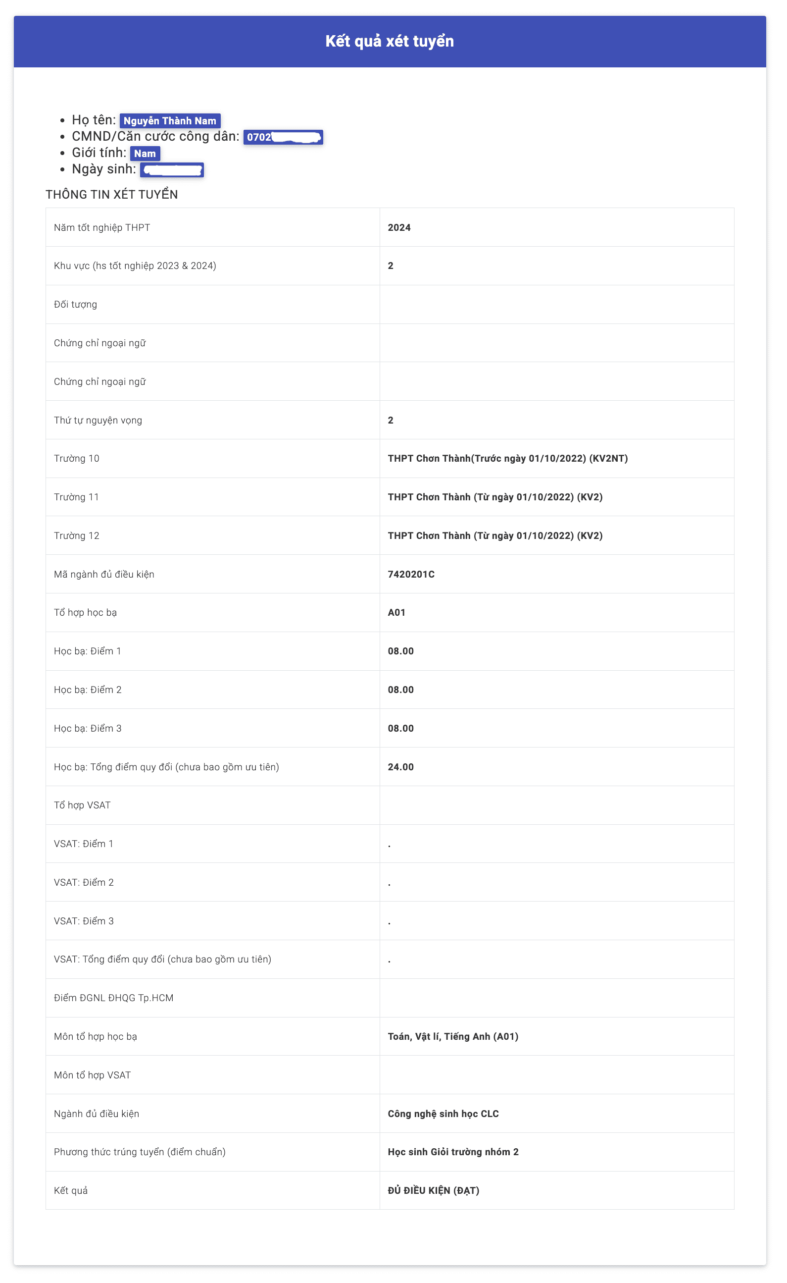 Kết quả xét tuyển